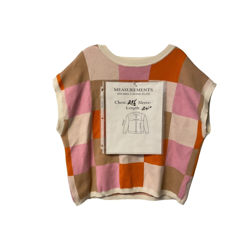 Womens Multi Color Checkerboard Knit Top Short Sleeve Viscose Sweater XL Retro - Picture 5 of 6